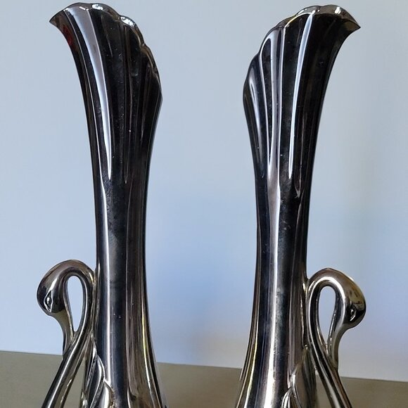 (SOLD) Pair of Vintage Silver Art Deco Swan Design Fluted Bud Vases - Picture 1 of 4